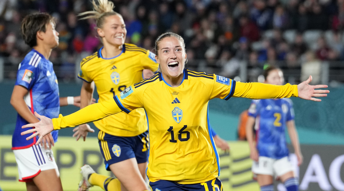 Sweden's Filippa Angeldal celebrates after scoring her side's second goal from the penalty spot against Japan during the Women's World Cup quarterfinal.