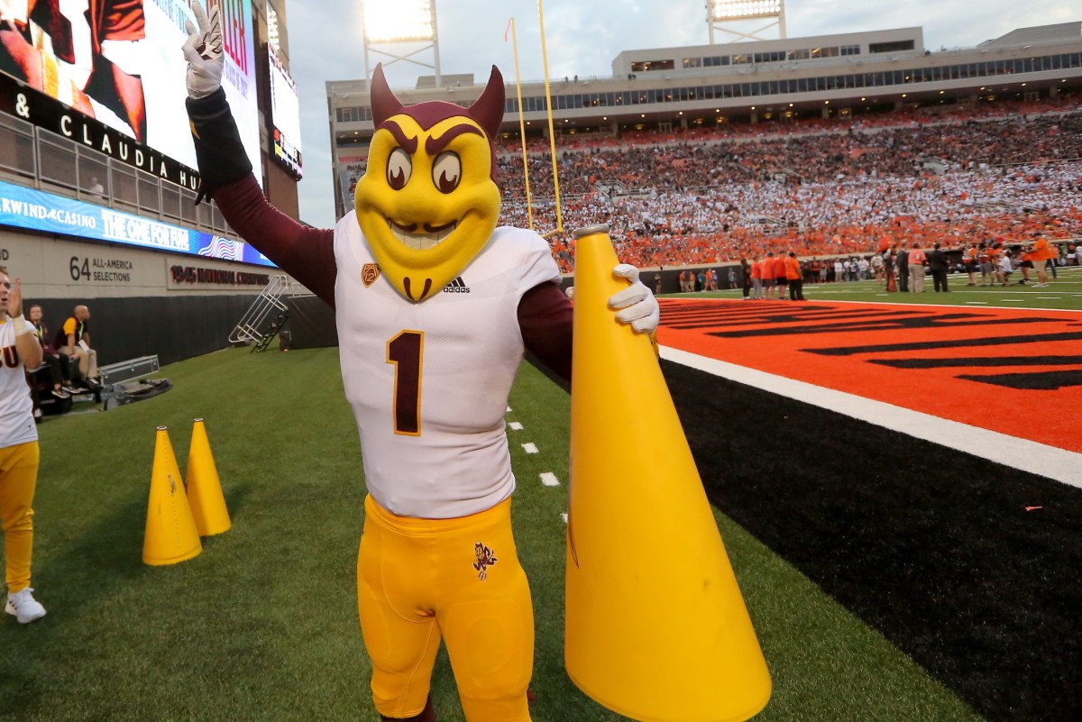 Arizona State mascot Sparky during a college football game between the Oklahoma State Cowboys (OSU) and the Arizona State Sun Devils at Boone Pickens Stadium in Stillwater, Okla., Saturday, Sept. 10, 2022