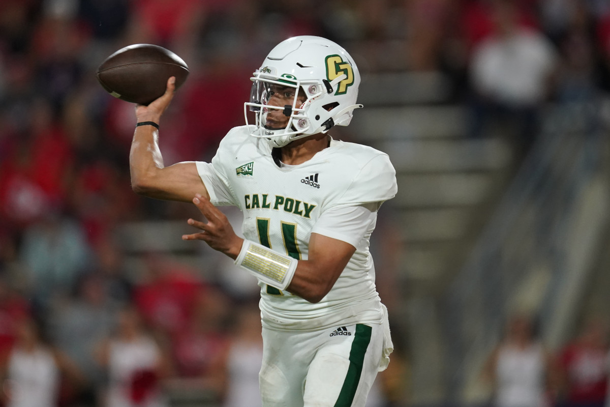 Sep 1, 2022; Fresno, California, USA; Cal Poly Mustangs quarterback Jaden Jones (11) throws a pass against the Fresno State Bulldogs in the second quarter at Valley Children's Stadium. Mandatory Credit: Cary Edmondson-USA TODAY Sports