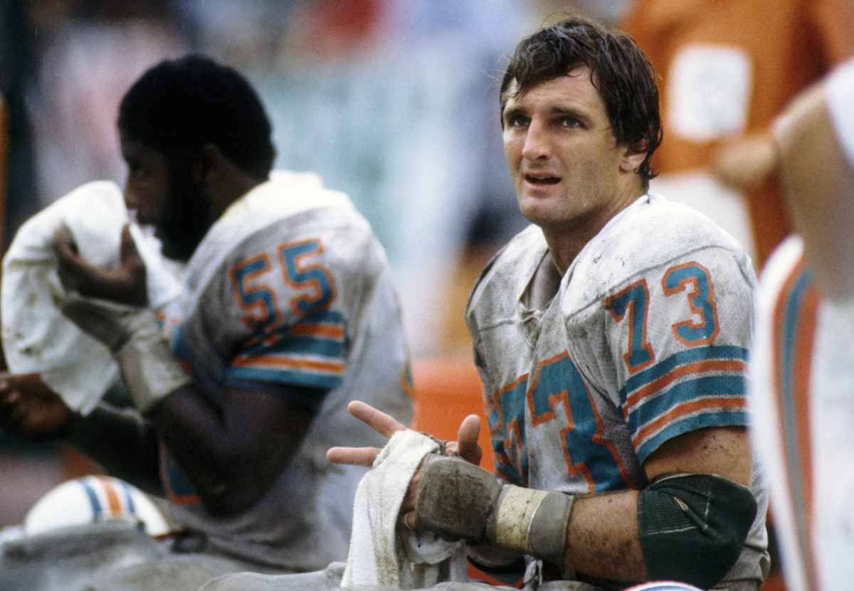 Miami Dolphins defensive end Bob Baumhower (73) on the sideline against the New York Jets during the 1982 AFC Championship Game at the Orange Bowl. The Dolphins won 14-0. Mandatory Credit: