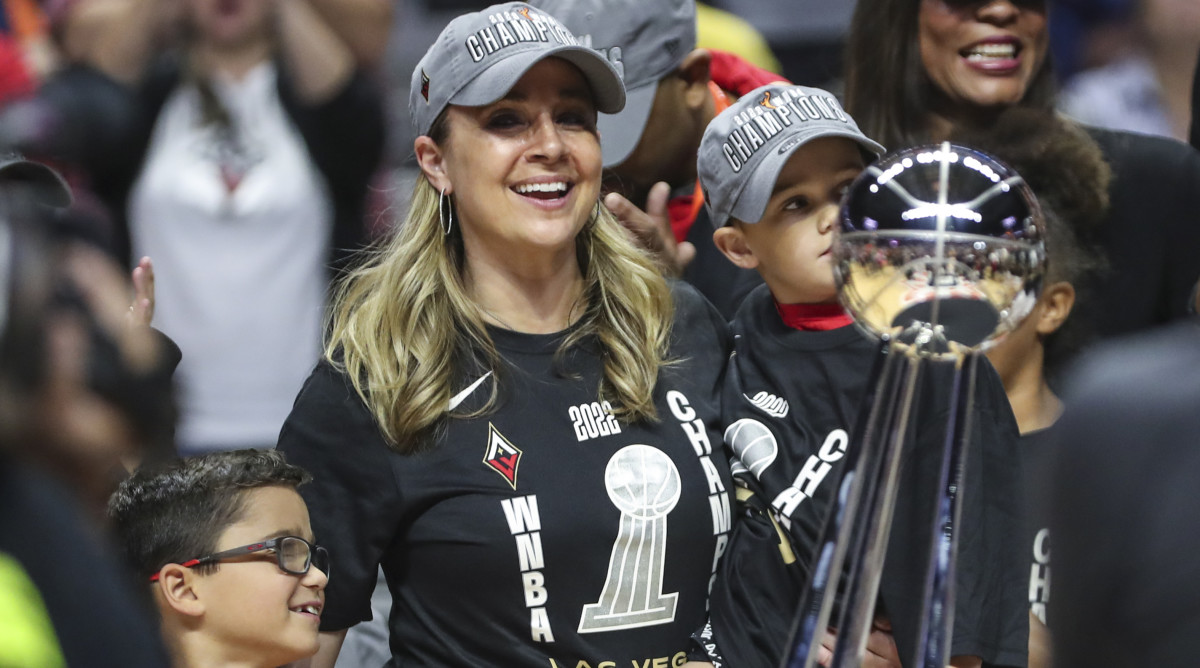 Las Vegas Aces head coach Becky Hammon celebrates after winning the WNBA Championship.