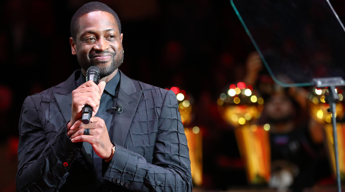 Miami Heat former player Dwyane Wade speaks during his jersey retirement celebration in 2020.