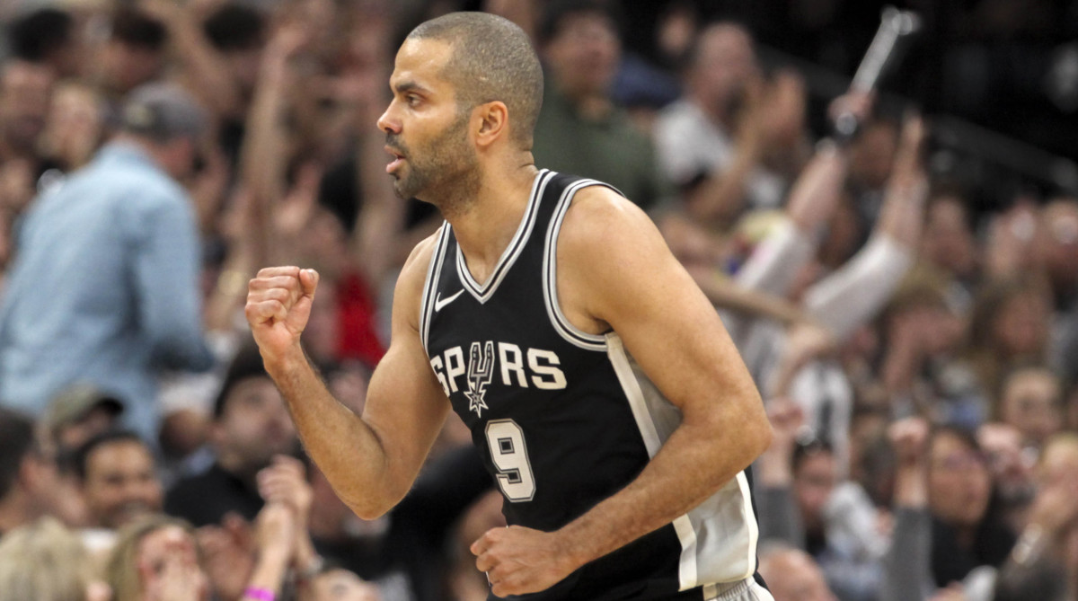 San Antonio Spurs guard Tony Parker reacts after scoring a three point basket during 2018 NBA playoffs.