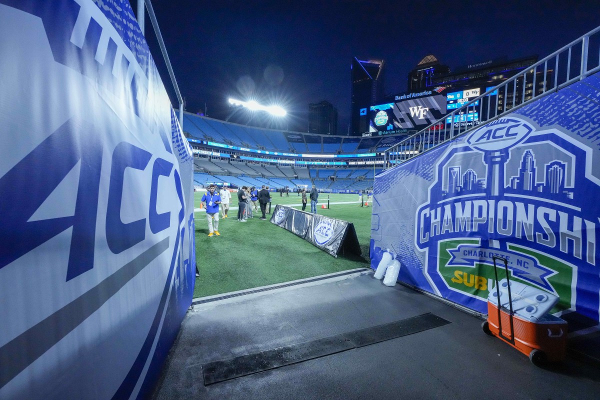 Dec 4, 2021; Charlotte, NC, USA; ACC logos at the tunnel entrance to the field during the ACC championship game between the Wake Forest Demon Deacons and the Pittsburgh Panthers at Bank of America Stadium. Mandatory Credit: Jim Dedmon-USA TODAY Sports