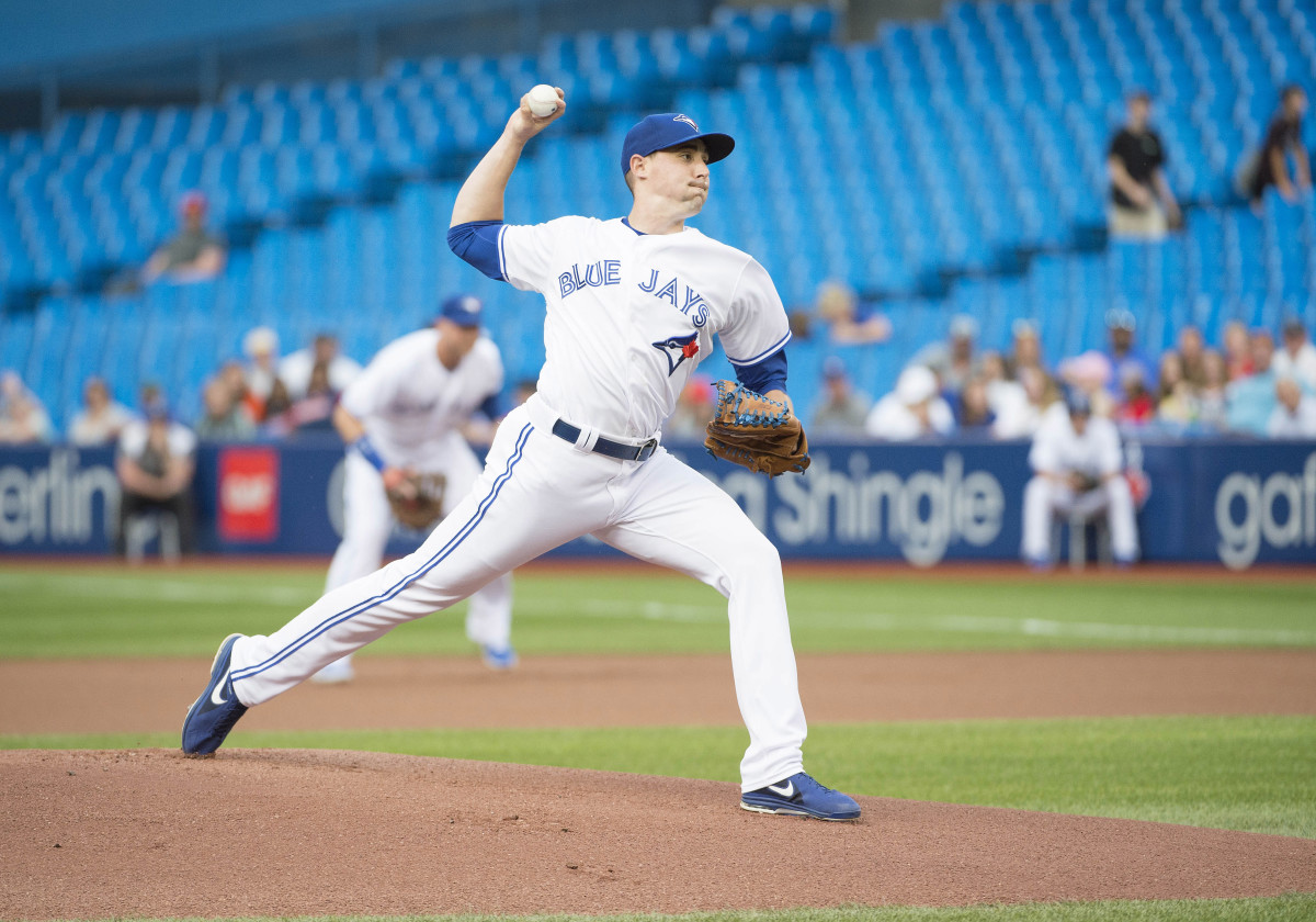 Toronto Blue Jays starting pitcher Aaron Sanchez throws a pitch during the first inning against the Cleveland Indians at Rogers Centre. (2019)