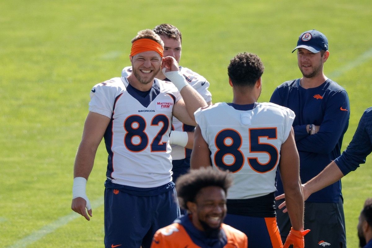 Denver Broncos tight end Adam Trautman (82) and tight end Albert Okwuegbunam (85) during training camp at Centura Health Training Center.
