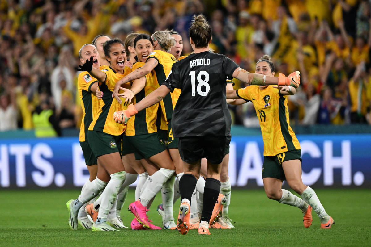 Australia's players pictured celebrating after beating France 7-6 in a penalty shootout in the quarter-finals of the 2023 FIFA Women's World Cup