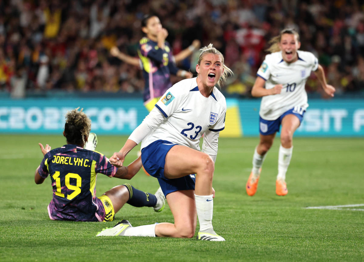 Alessia Russo pictured celebrating after scoring the winning goal for England against Colombia in the quarter-finals of the 2023 FIFA Women's World Cup