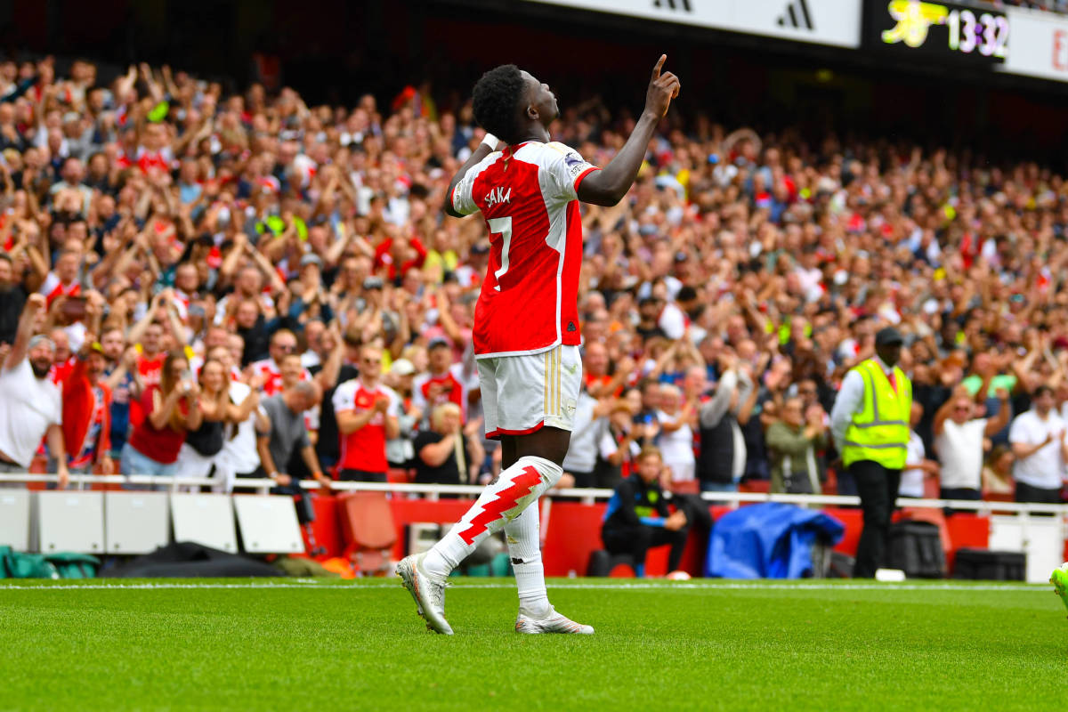 Bukayo Saka pictured celebrating after scoring his first goal of the 2023/24 season for Arsenal in their Premier League opener against Nottingham Forest