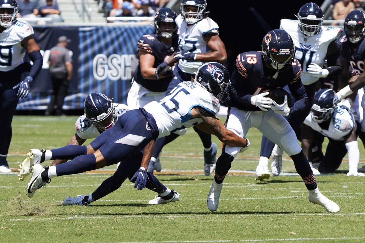 Tennessee Titans cornerback Armani Marsh (25) defends Chicago Bears wide receiver Tyler Scott (13) during the second quarter at Soldier Field.