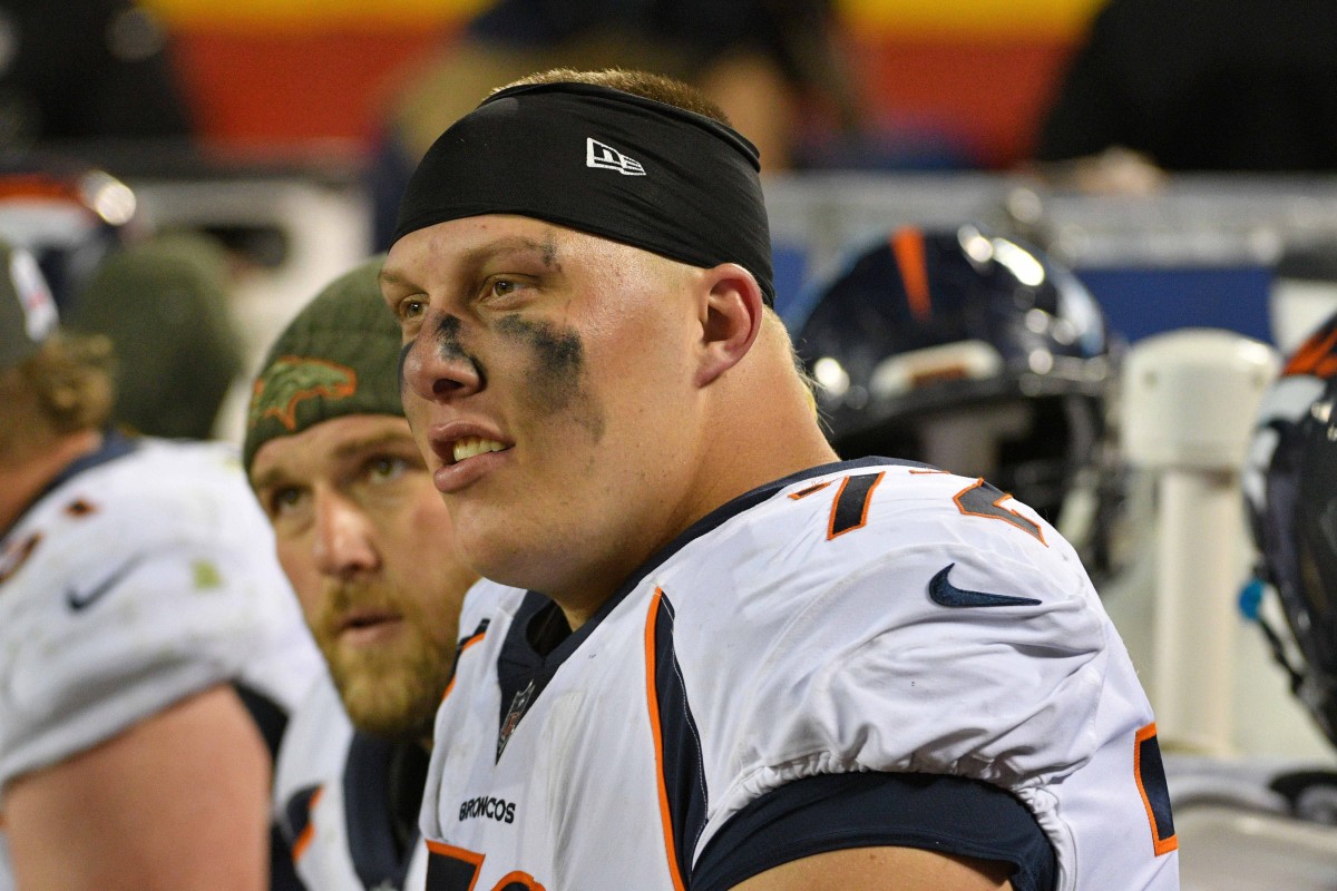 Denver Broncos offensive tackle Garett Bolles (72) watches play on the bench during the second half against the Kansas City Chiefs at Arrowhead Stadium.