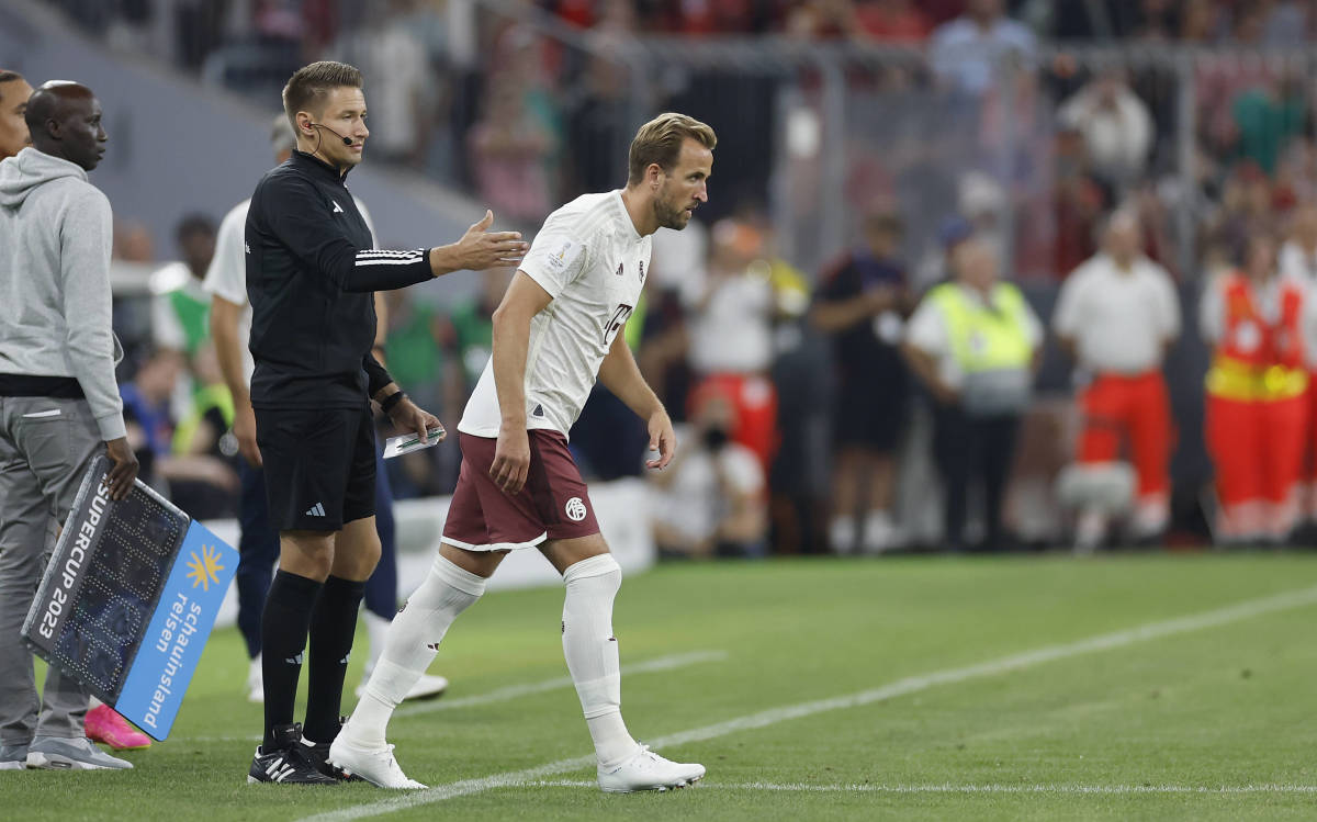 Harry Kane pictured entering the field to make his Bayern Munich debut as a substitute in the 2023 German Supercup final