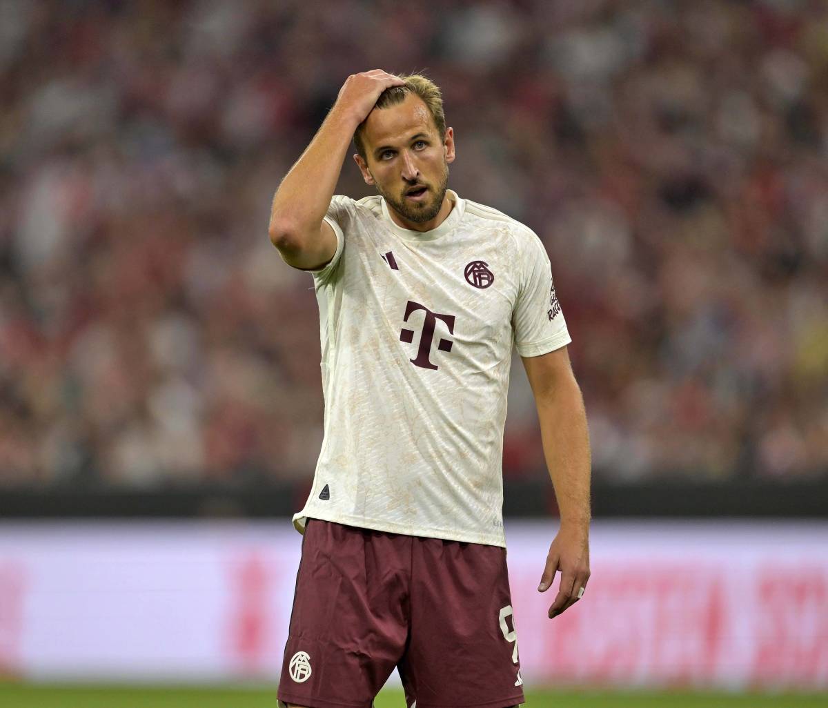 Harry Kane pictured in August 2023 during his debut for Bayern Munich - a 3-0 home loss to RB Leipzig in the German Supercup final