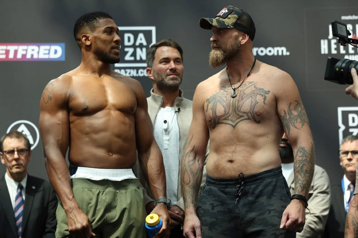 Anthony Joshua and Robert Helenius stare down ahead of their August 12 boxing match in London.