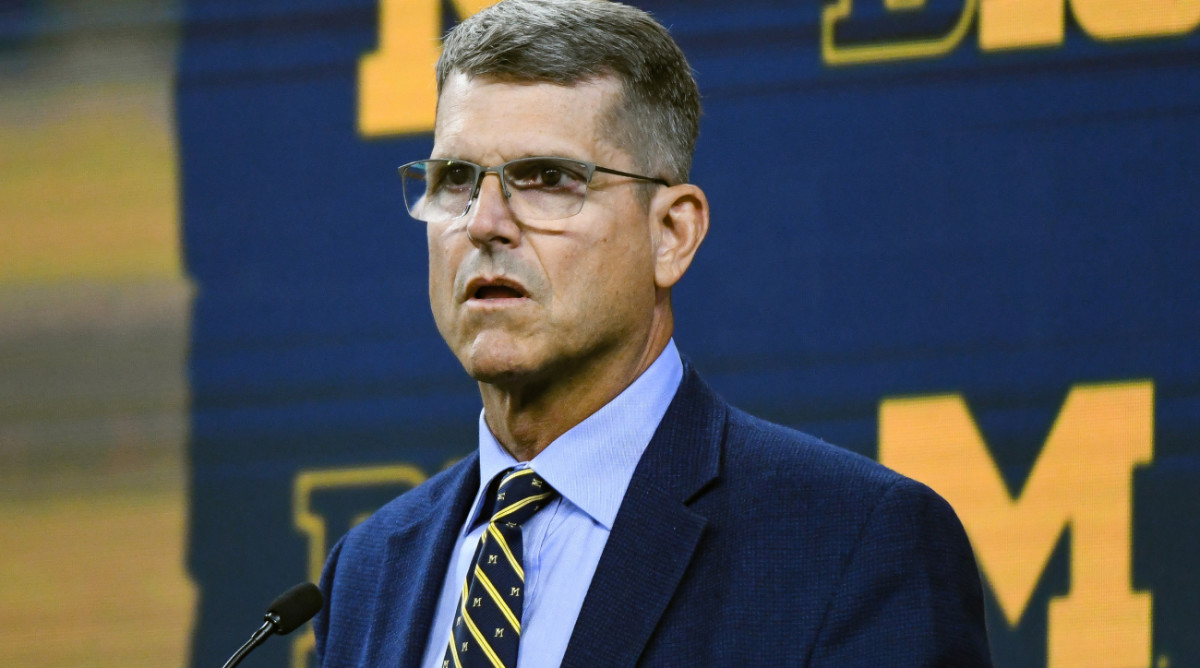 Jul 27, 2023; Indianapolis, IN, USA; Michigan Wolverines head coach Jim Harbaugh speaks to the media during the Big 10 football media day at Lucas Oil Stadium. Mandatory Credit: Robert Goddin-USA TODAY Sports