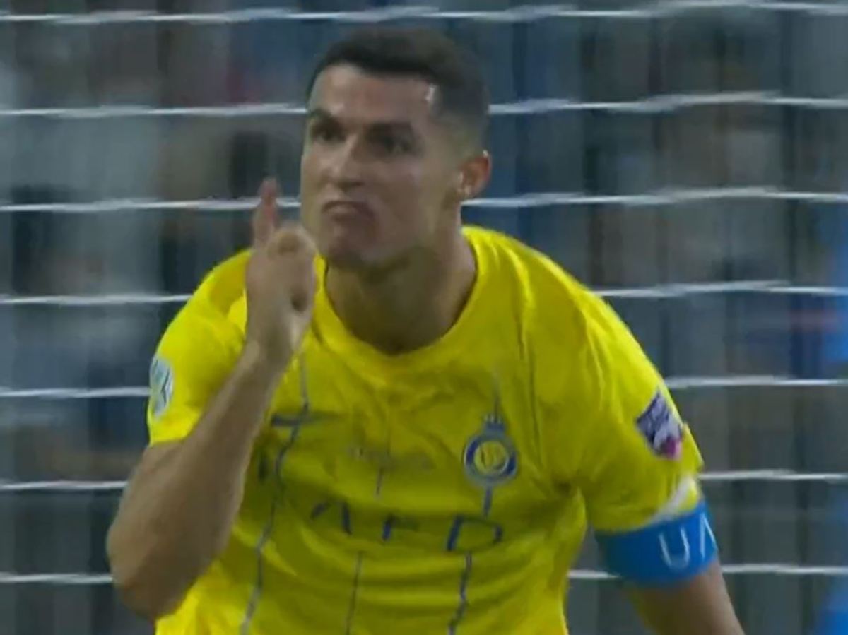 Cristiano Ronaldo pictured waving his finger after scoring for Al Nassr against Al-Hilal in the final of the 2023 Arab Club Champions Cup