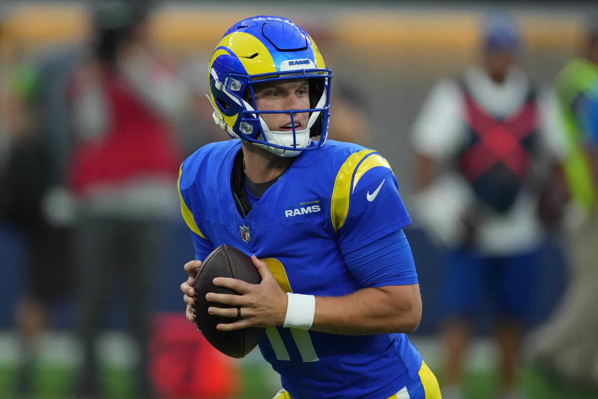 Aug 12, 2023; Inglewood, California, USA; Los Angeles Rams quarterback Brett Rypien (11) throws the ball in the first half against the Los Angeles Chargers at SoFi Stadium. Mandatory Credit: Kirby Lee-USA TODAY Sports