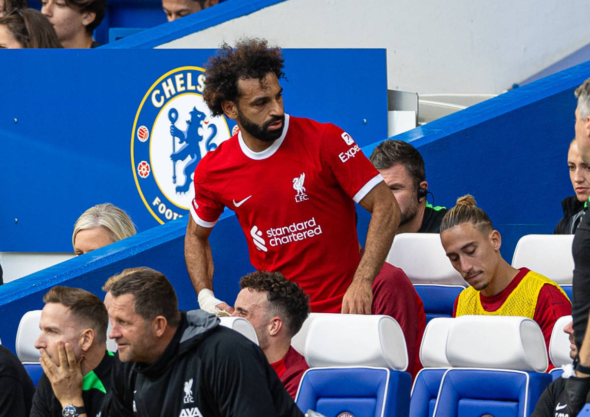 Liverpool forward Mo Salah pictured shortly after being substituted off during a 1-1 draw away at Chelsea in August 2023