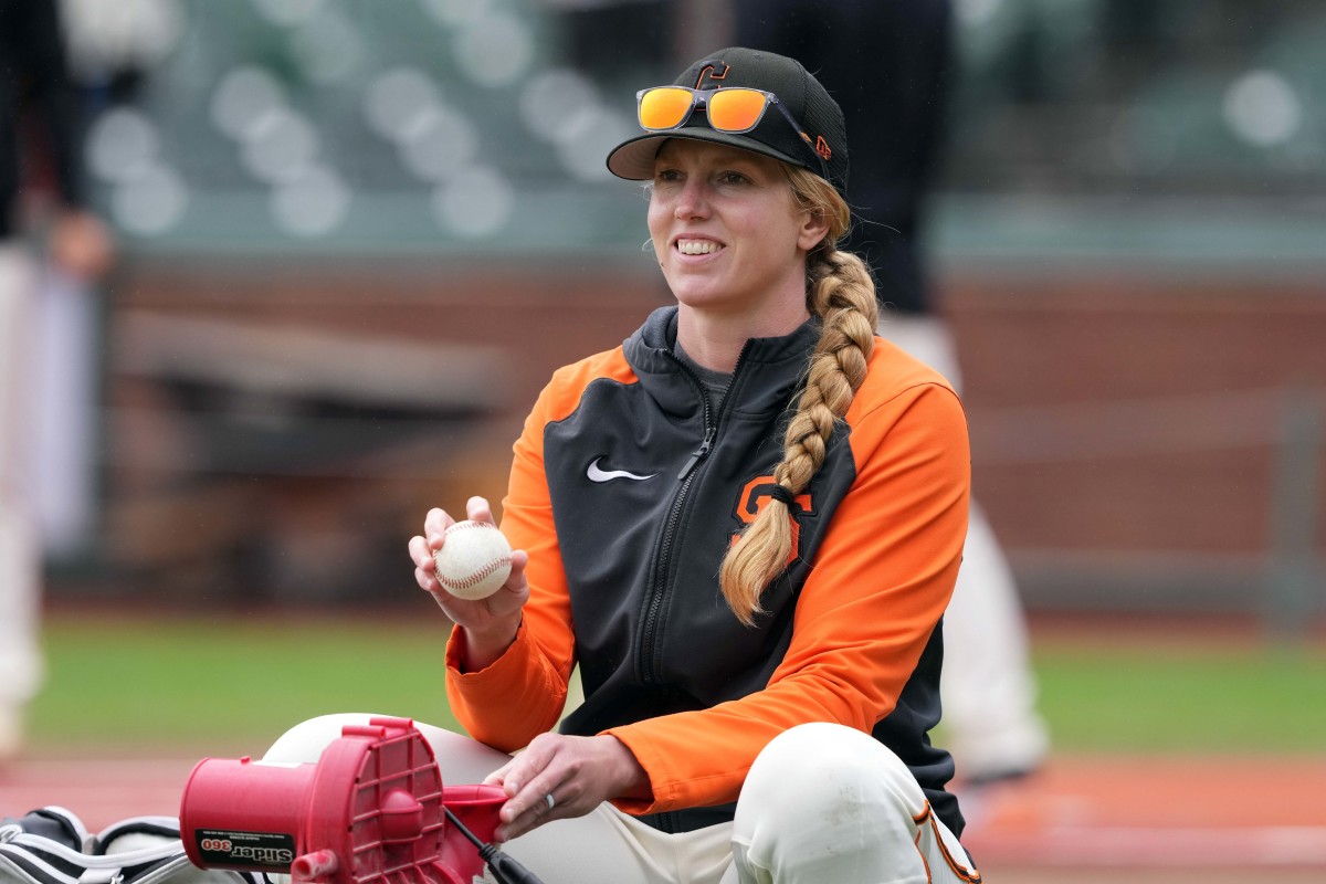 SF Giants major league assistant coach Alyssa Nakken works on the field before the game against the Arizona Diamondbacks at Oracle Park. (2023)