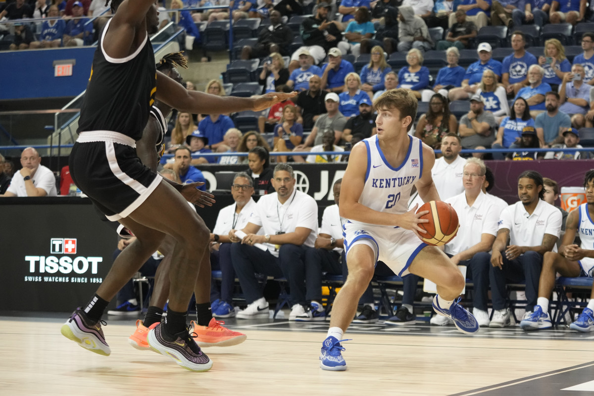 Jul 15, 2023; Toronto, Ontario, Canada; USA-Kentucky guard Joey Hart (20) looks to pass the ball against BAL Selects-Africa during the first half at Mattamy Athletic Centre. Mandatory Credit: John E. Sokolowski-USA TODAY Sports  