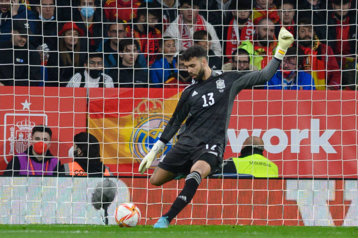 Goalkeeper David Raya pictured playing for Spain in a friendly international against Albania in March 2022