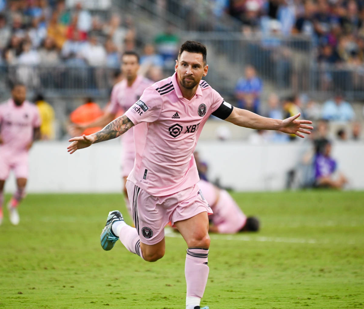 Lionel Messi pictured celebrating after scoring a goal for Inter Miami against Philadelphia Union in the semi-finals of the 2023 Leagues Cup