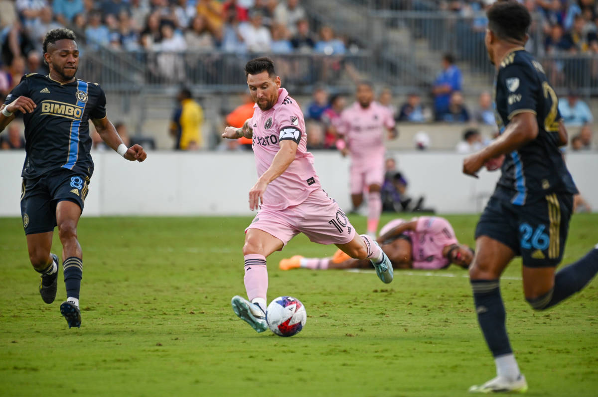 Lionel Messi pictured (center) scoring for Inter Miami against Philadelphia Union in the semi-finals of the 2023 Leagues Cup