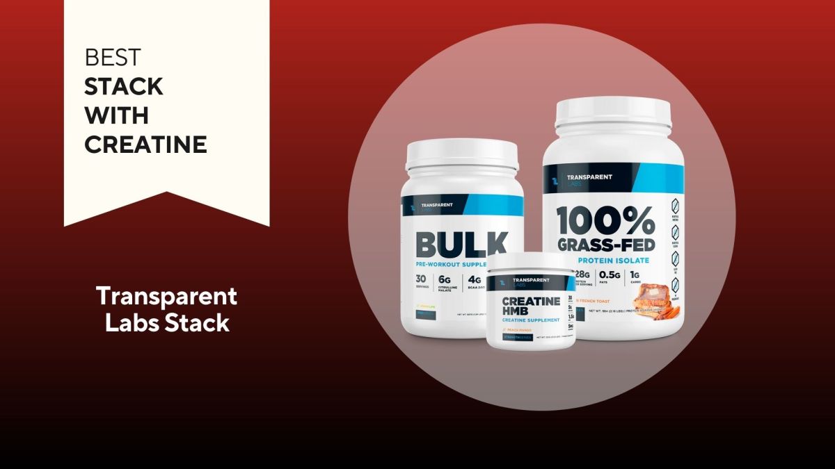 Transparent labs Bulk Stack with three products: BULK Pre-workout Supplement, Creatine HMB Supplement in peach mango flavor, and 100% Grass-Fed Whey in french toast flavor