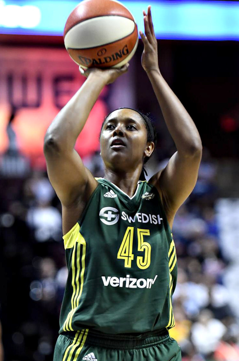 Seattle Storm guard Noelle Quinn shoots a free throw during a 2017 WNBA game.