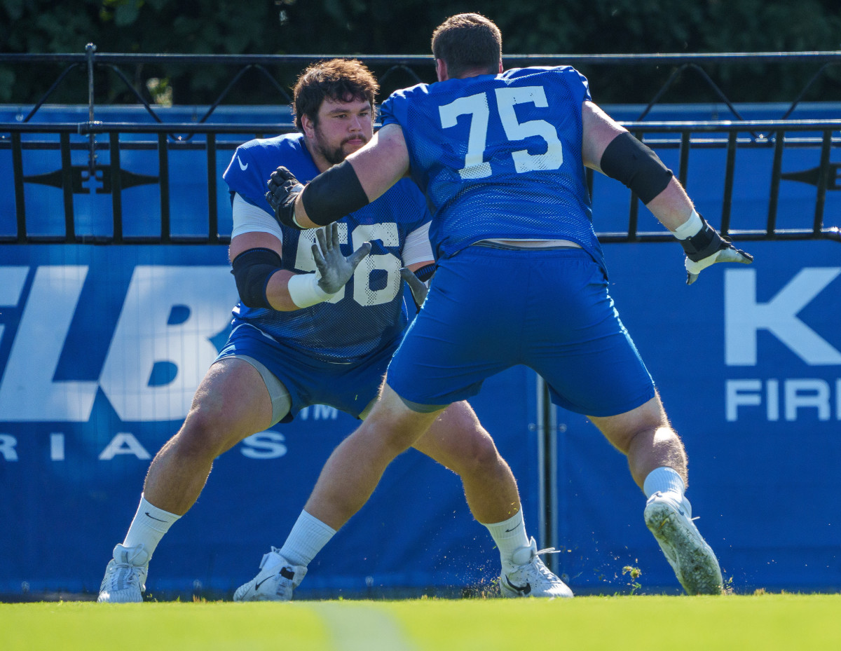 July 31, 2023; Westfield, IN, USA; Indianapolis Colts guards Quenton Nelson (56) and Will Fries (75) work on blocking Monday, July 31, 2023, during training camp at the Grand Park Sports Campus in Westfield, Indiana.