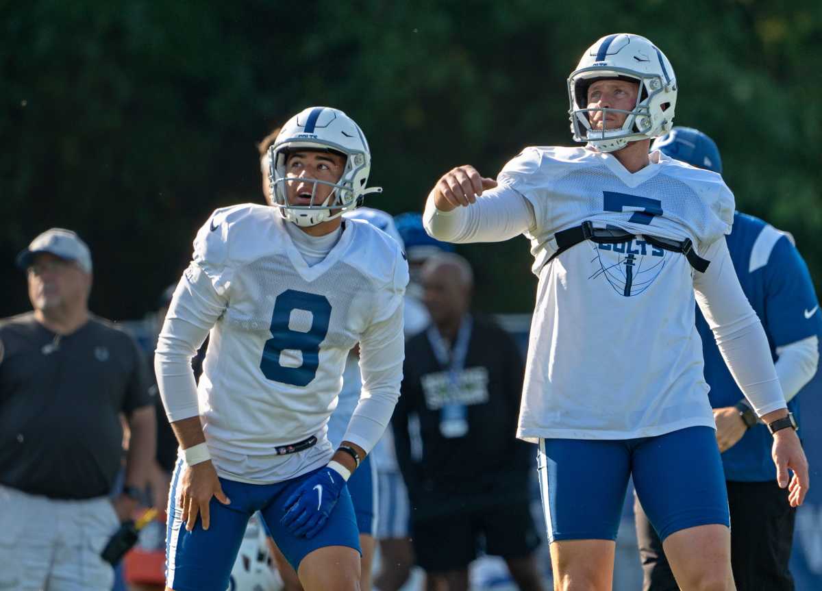 Indianapolis Colts punter Rigoberto Sanchez (8) and Indianapolis Colts kicker Matt Gay (7) watch the arc of Gay s kick during day #9 practice of Colts Camp, Tuesday, Aug. 8, 2023 at Grand Park in Westfield.  