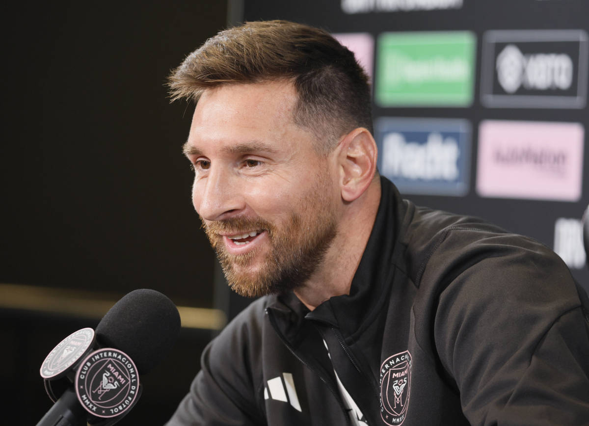 Inter Miami captain Lionel Messi pictured speaking at a press conference at DRV PNK Stadium in August 2023