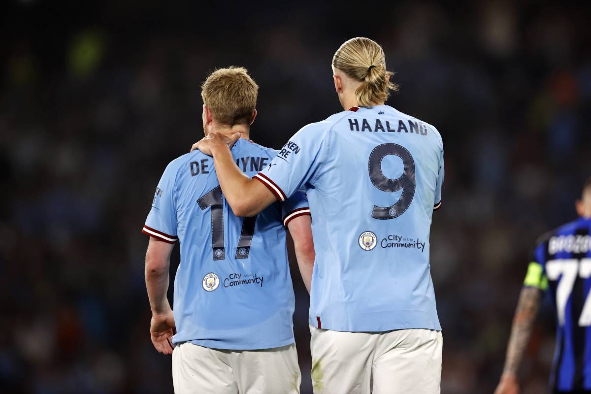 Manchester City teammates Kevin De Bruyne and Erling Haaland pictured during the 2023 UEFA Champions League final