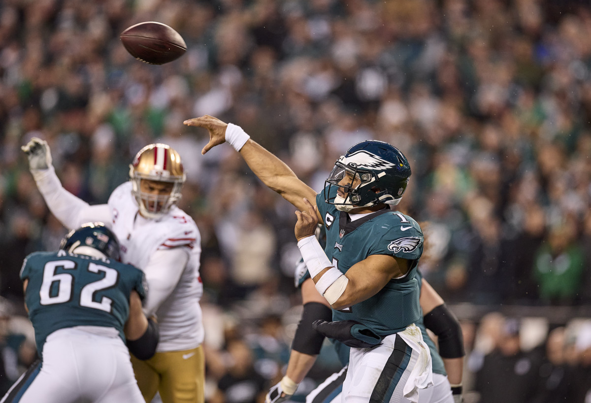 Playing with an injured arm, Hurts led the Eagles to at least 30 points in all three playoff games last season.