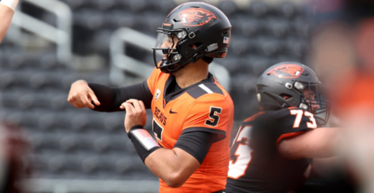 Oregon State Beavers quarterback DJ Uiagalelei attempts a pass.