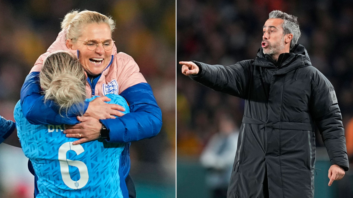 A split image of England manager Sarina Wiegman celebrating with a player and Spain manager Jorge Vilda instructing players during the Women's World Cup.
