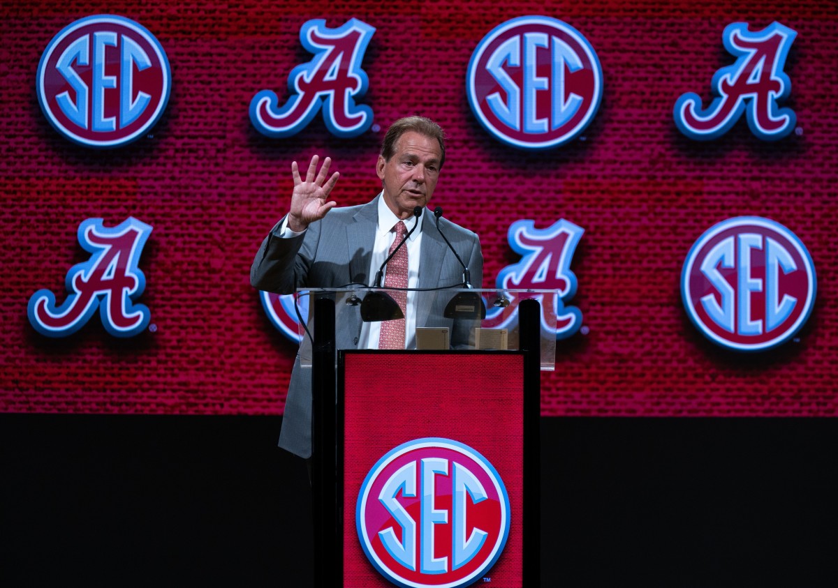 Alabama coach Nick Saban speaks at the 2023 SEC Football Kickoff Media Days