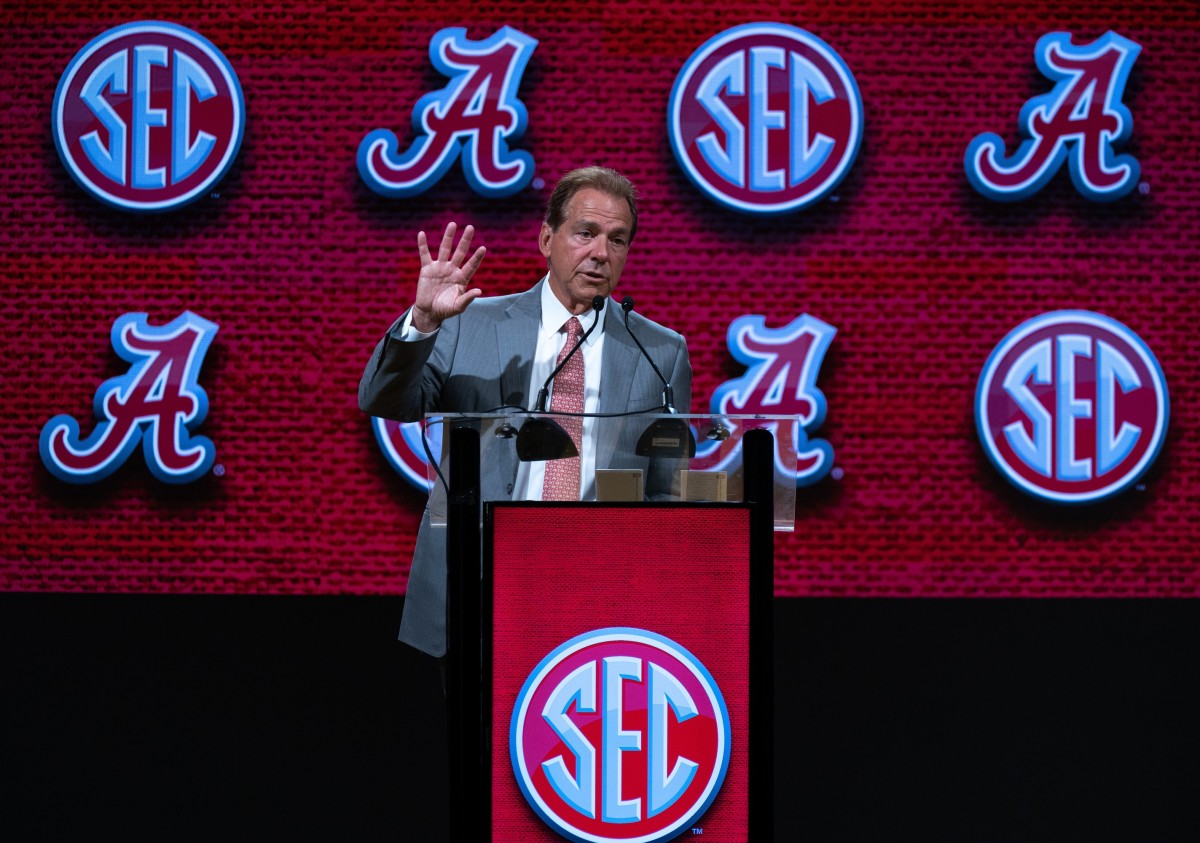 Alabama coach Nick Saban speaks at the 2023 SEC Football Kickoff Media Days