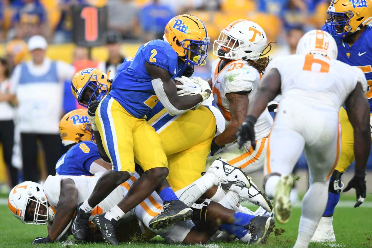 Pittsburgh running back Israel Abanikanda (2) runs the ball during the second half of a game between the Tennessee Volunteers and Pittsburgh Panthers in Acrisure Stadium in Pittsburgh, Saturday, Sept. 10, 2022. Tennessee defeated Pitt 34-27 in overtime. Tennpitt0910 03455