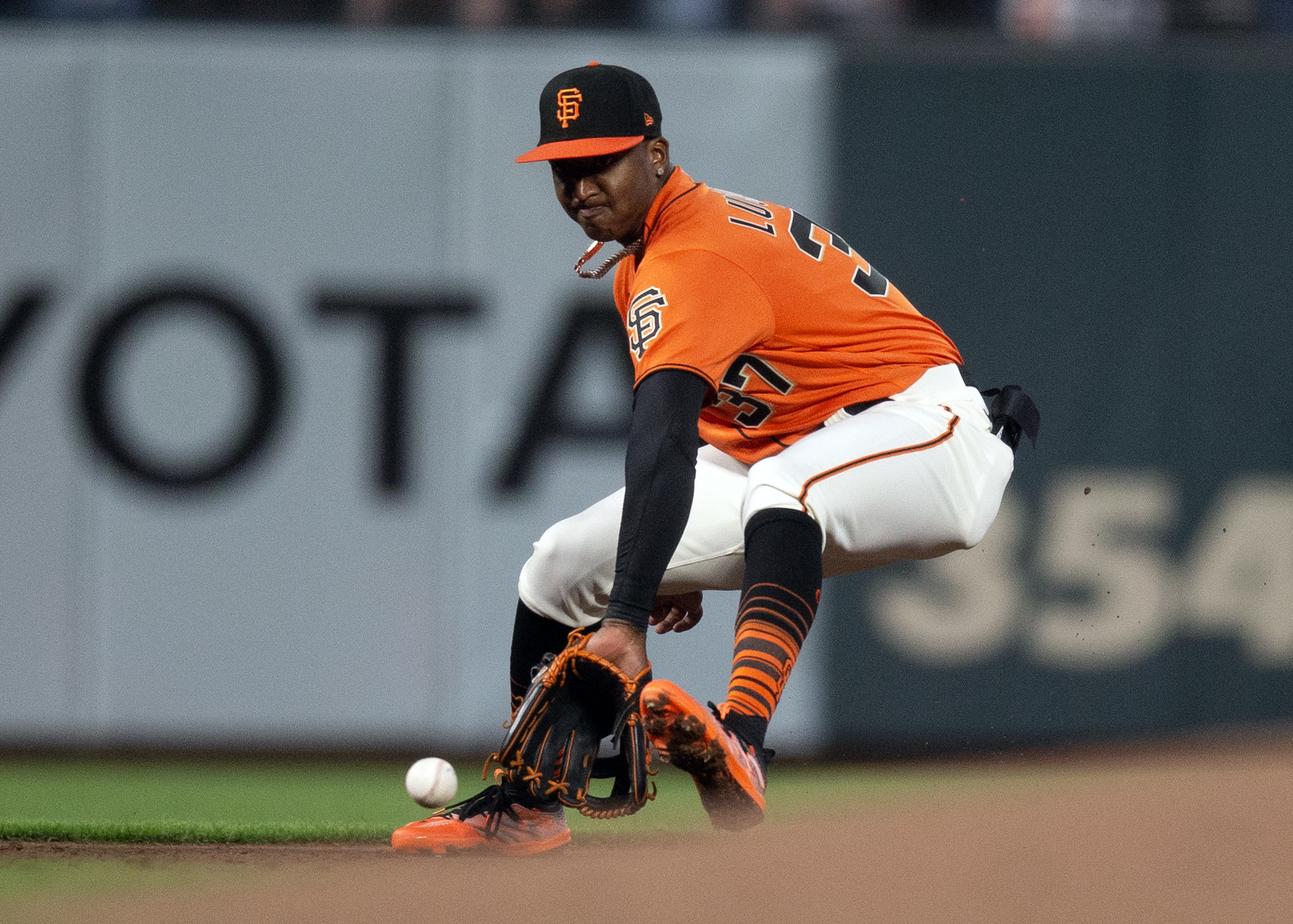 SF Giants shortstop Marco Luciano fields a grounder by Boston Red Sox second baseman Justin Turner during the sixth inning at Oracle Park. (2023)