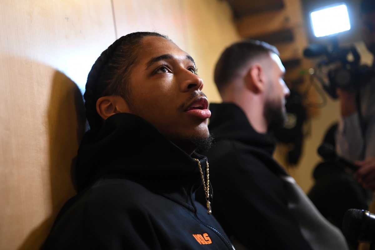 Tennessee Volunteers G Zakai Zeigler getting interviewed in the locker room before the NCAA Tournament. (Photo by Caitie McMekin of the News Sentinel)