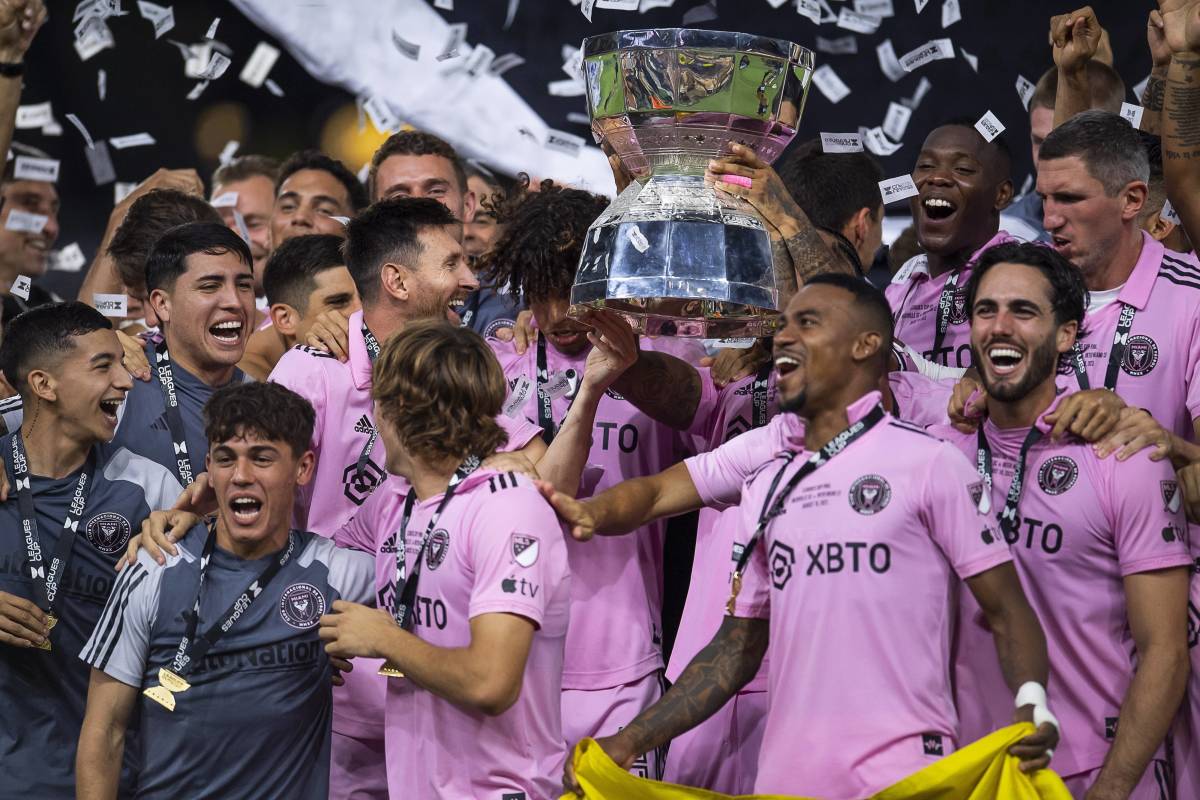 Inter Miami players pictured celebrating after winning the 2023 Leagues Cup final against Nashville