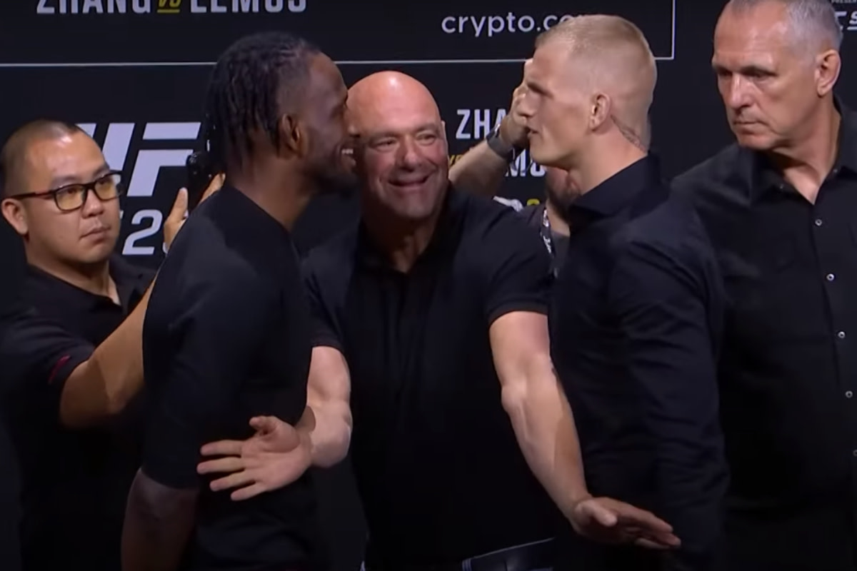 Neil Magny and Ian Machado Garry have a staredown during the UFC 292 pre-fight press conference.