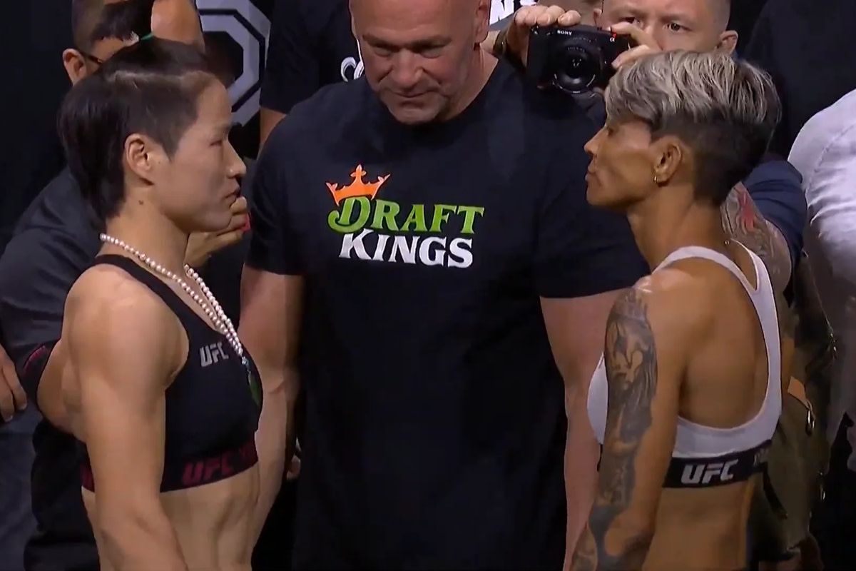 UFC Strawweight Champion Zhang Weili stares down with her UFC 292 opponent Amanda Lemos.