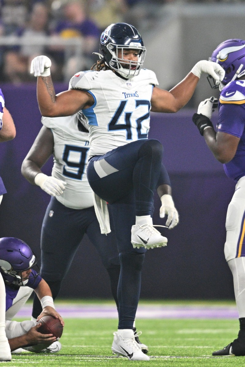 Tennessee Titans linebacker Caleb Murphy (42) celebrates a sack of Minnesota Vikings quarterback Nick Mullens (not pictured) during the second quarter at U.S. Bank Stadium.