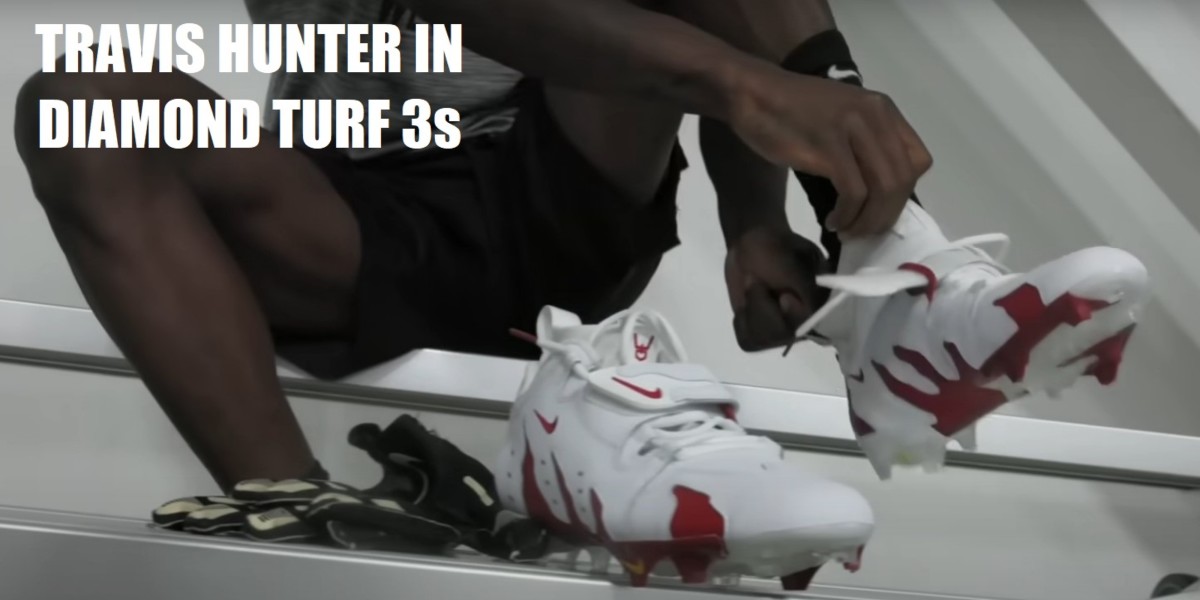 Colorado Buffaloes WR/DB Travis Hunter strapping on Nike Diamond Turf 3 shoes