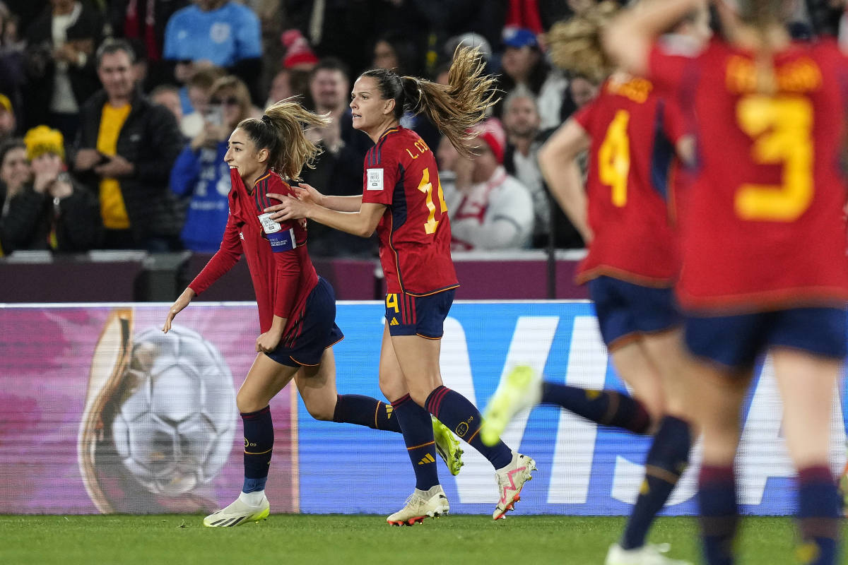 Spain's players pictured celebrating during the 2023 FIFA Women's World Cup final after a goal scored by Olga Carmona (left)