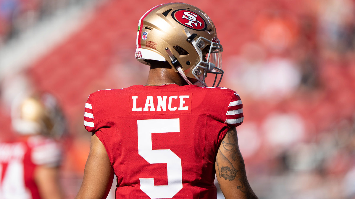 San Francisco 49ers quarterback Trey Lance (5) drops backs to pass against  the Las Vegas Raiders during the first half of an NFL preseason football  game, Sunday, Aug. 13, 2023, in Las