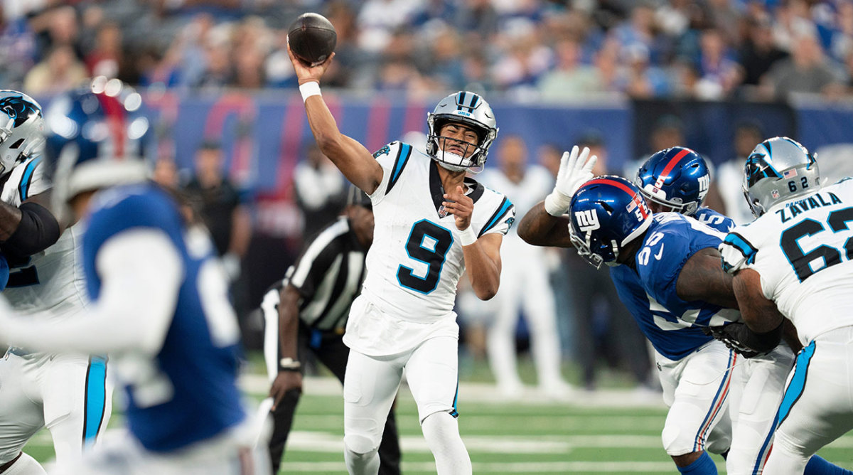 Panthers rookie Bryce Young throws a pass in a preseason game against the Giants