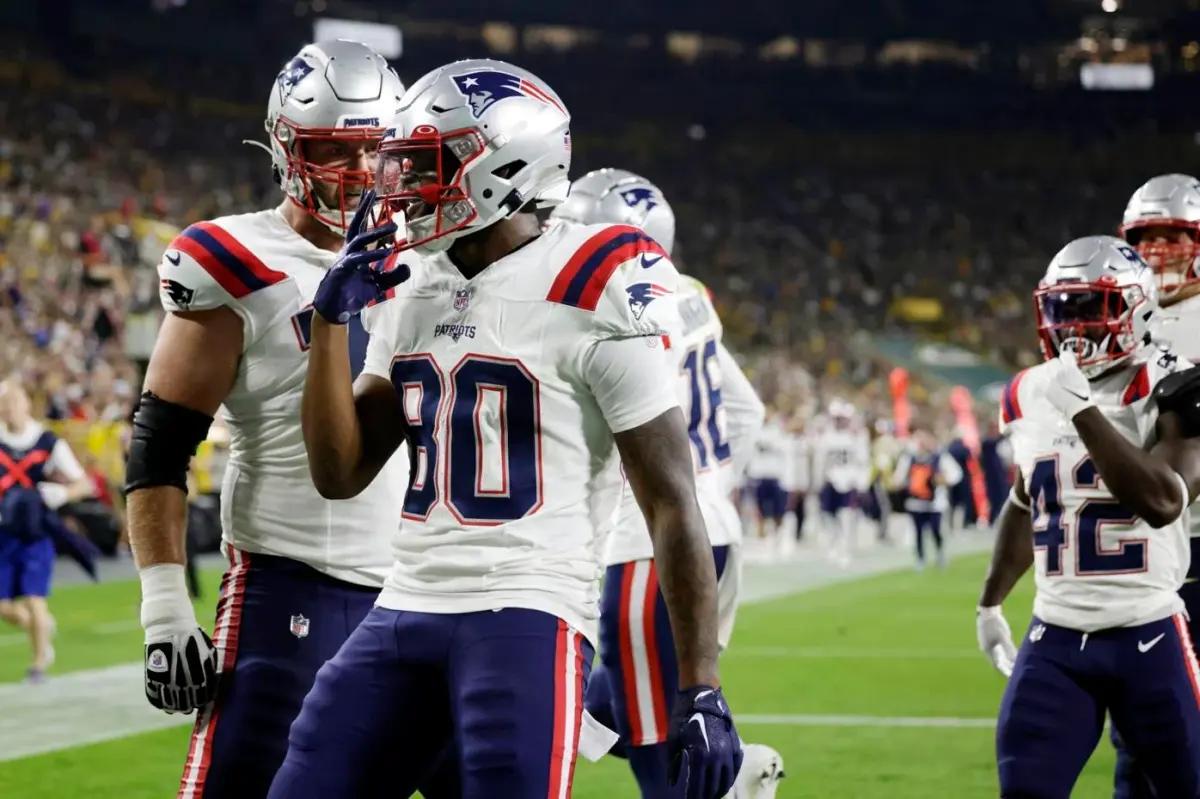 New England Patriots receiver Kayshon Boutte celebrates after a preseason touchdown against the Green Bay Packers.